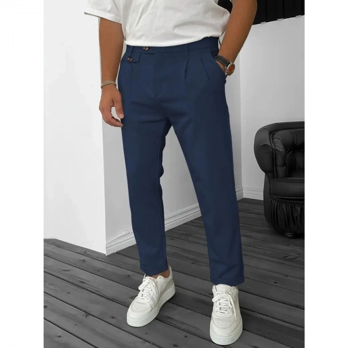 Erkek Belden Düğmeli Cepli Dokuma Pantolon