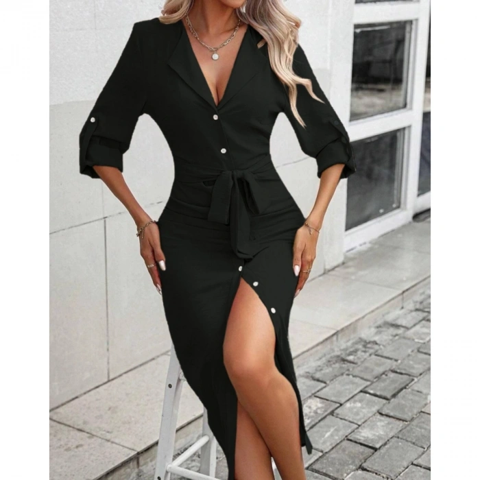 Kadın Uzun Kollu önden Düğmeli Beli Kuşaklı Aerobin Midi Elbise