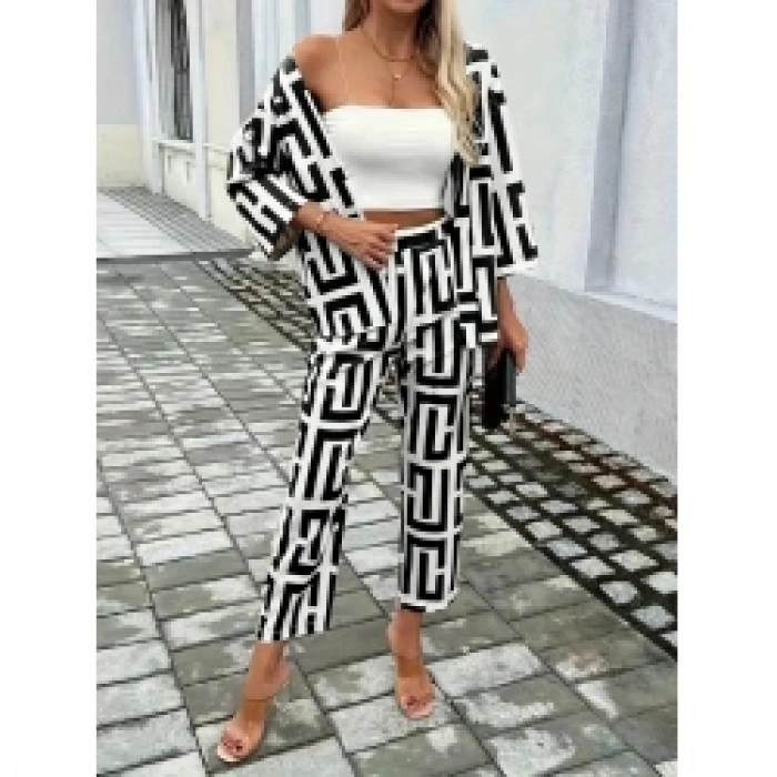 Kadın Uzun Kollu önü Açık Desenli Iki Iplik Ceket Ve Pantolon Ikili Takım