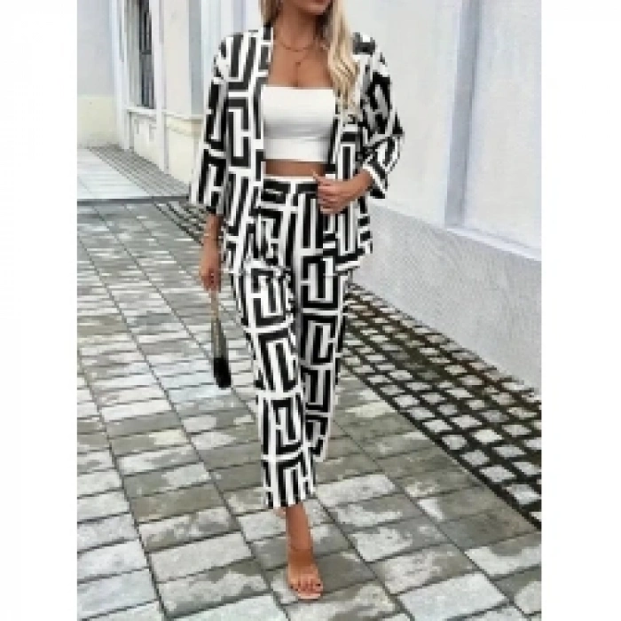 Kadın Uzun Kollu önü Açık Desenli Iki Iplik Ceket Ve Pantolon Ikili Takım