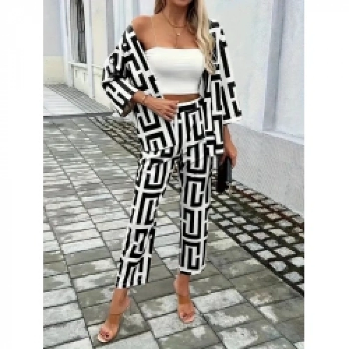 Kadın Uzun Kollu önü Açık Desenli Iki Iplik Ceket Ve Pantolon Ikili Takım