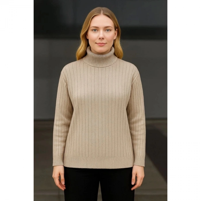Balıkcı Yaka Bağazlı Triko Kazak Pamuklu Kalın Fitilli Dokuma - Bej