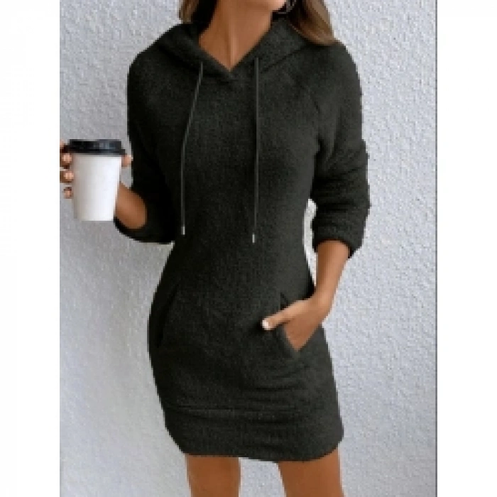 Kadın Uzun Kollu Kapşonlu Cepli Mini Peluş Elbise