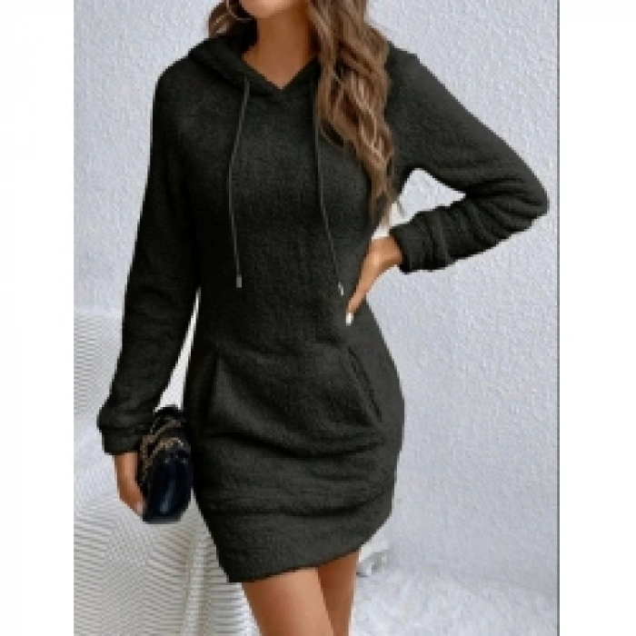 Kadın Uzun Kollu Kapşonlu Cepli Mini Peluş Elbise
