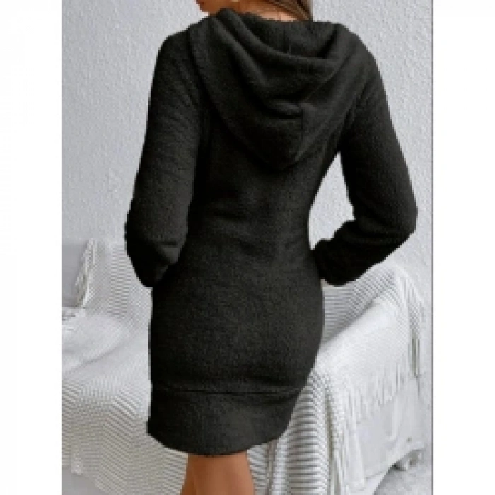 Kadın Uzun Kollu Kapşonlu Cepli Mini Peluş Elbise