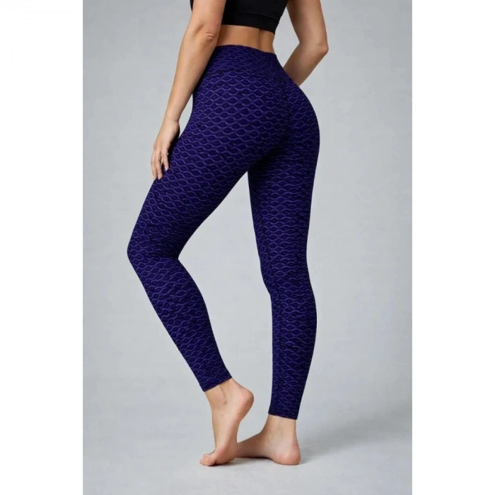 Yüksek Bel Toparlayıcı Likralı Büzgülü Tayt - Mavi