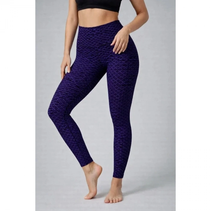 Yüksek Bel Toparlayıcı Likralı Büzgülü Tayt - Mavi