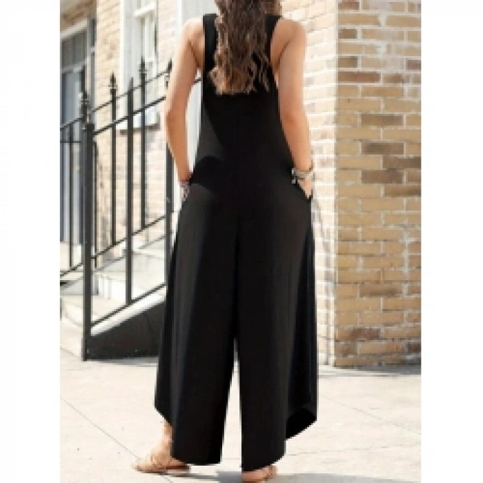 Kadın Askılı Yuvarlak Yaka Cepli Salaş Uzun Viskon Tulum