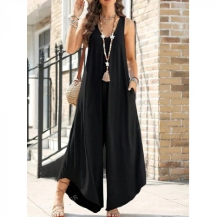 Kadın Askılı Yuvarlak Yaka Cepli Salaş Uzun Viskon Tulum