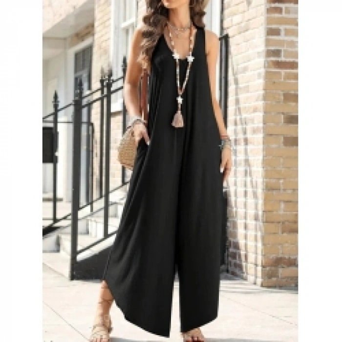 Kadın Askılı Yuvarlak Yaka Cepli Salaş Uzun Viskon Tulum