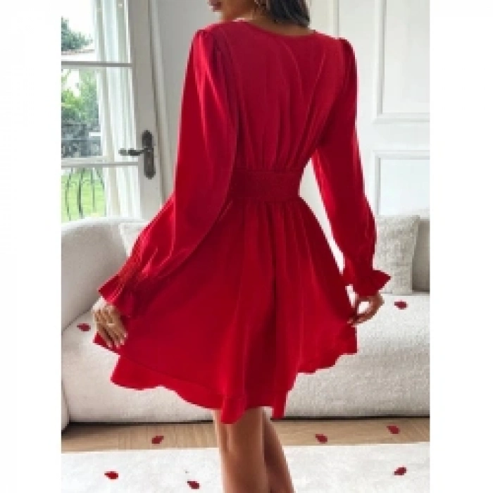 Kadın Uzun Kollu Kruvaze Yakalı Mini Sandy Elbise