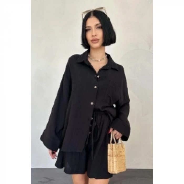 Siyah Gömlek Ve Müslin Şort Takım