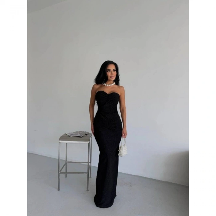 Straplez Simli Uzun Elbise