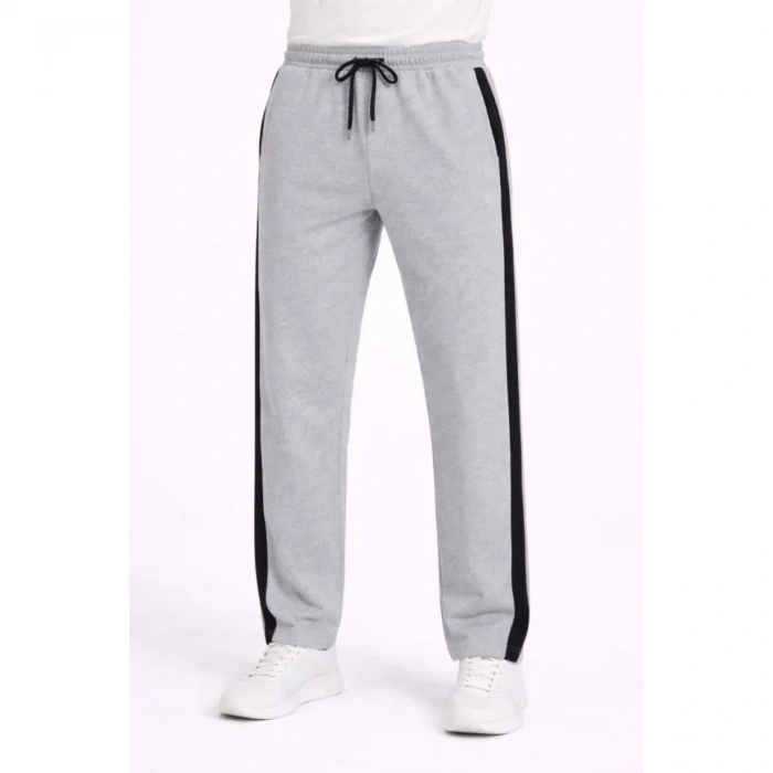 Erkek Yandan Şeritli Boru Paça Eşofman Altı 3 Iplik Pamuklu Eşofman - Gri