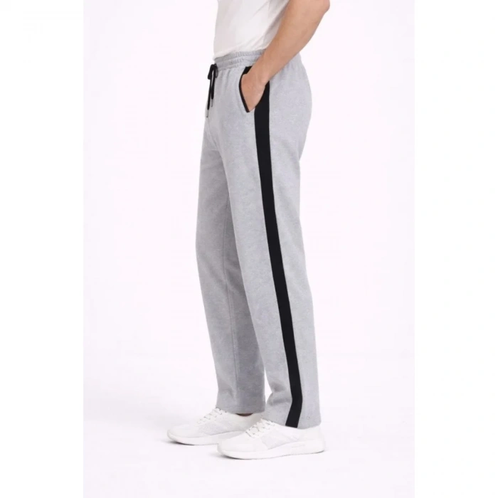 Erkek Yandan Şeritli Boru Paça Eşofman Altı 3 Iplik Pamuklu Eşofman - Gri