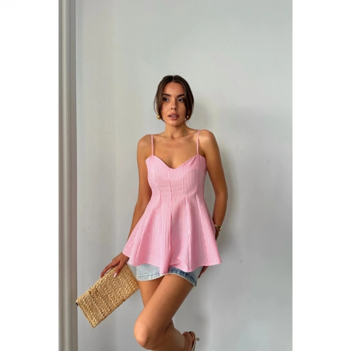 ÇİZGİLİ GOFRE ASKILI PENS DETAYLI BLUZ - Pembe