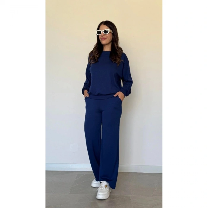 Kadın Uzun Kollu Bisiklet Yaka Viskon Iki Iplik Bluz Ve Pantolon Ikili Takım