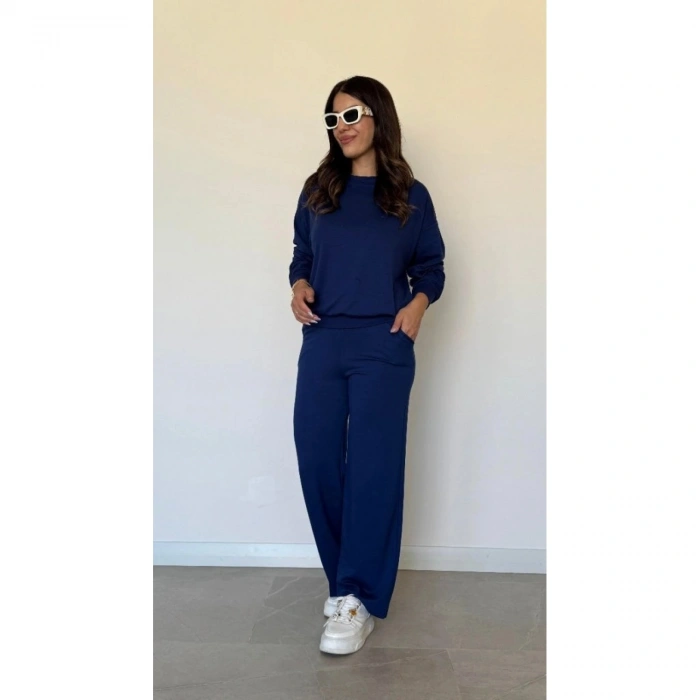 Kadın Uzun Kollu Bisiklet Yaka Viskon Iki Iplik Bluz Ve Pantolon Ikili Takım