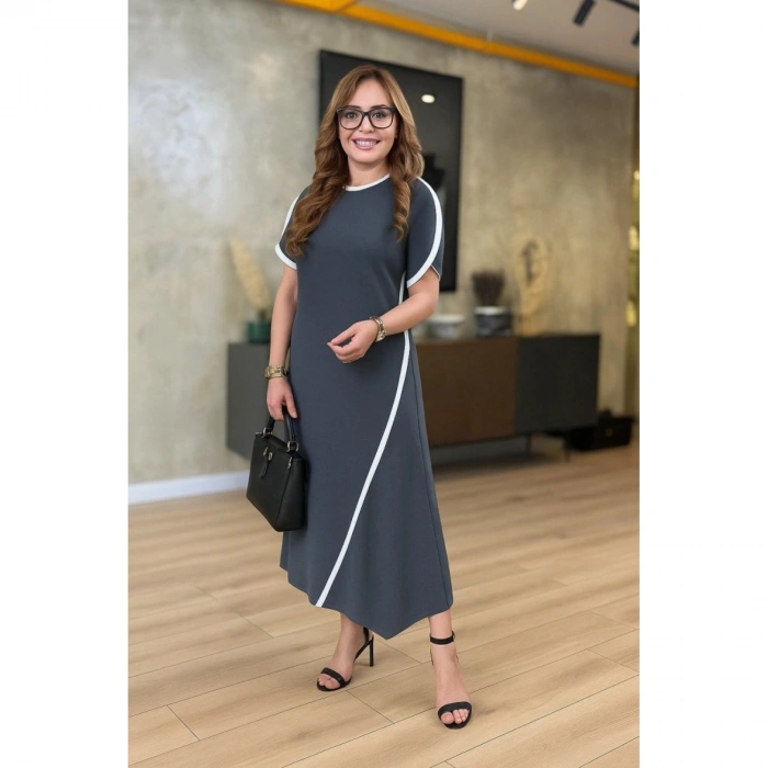 Kadın Kısa Kollu Bisiklet Yaka çift şerit Renk Detaylı Asimetrik Kesim Viskon Iki Iplik Elbise