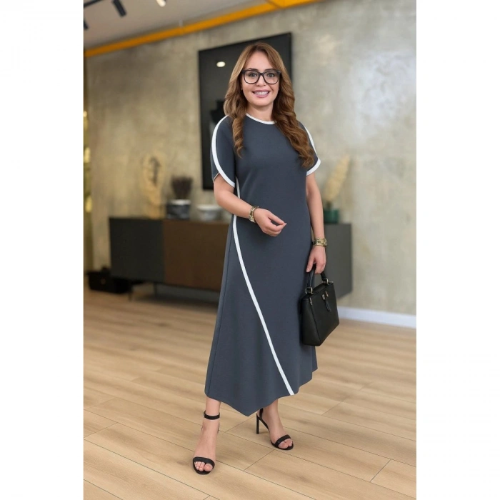 Kadın Kısa Kollu Bisiklet Yaka çift şerit Renk Detaylı Asimetrik Kesim Viskon Iki Iplik Elbise