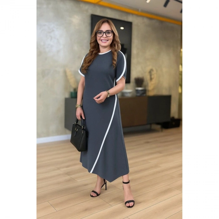 Kadın Kısa Kollu Bisiklet Yaka çift şerit Renk Detaylı Asimetrik Kesim Viskon Iki Iplik Elbise
