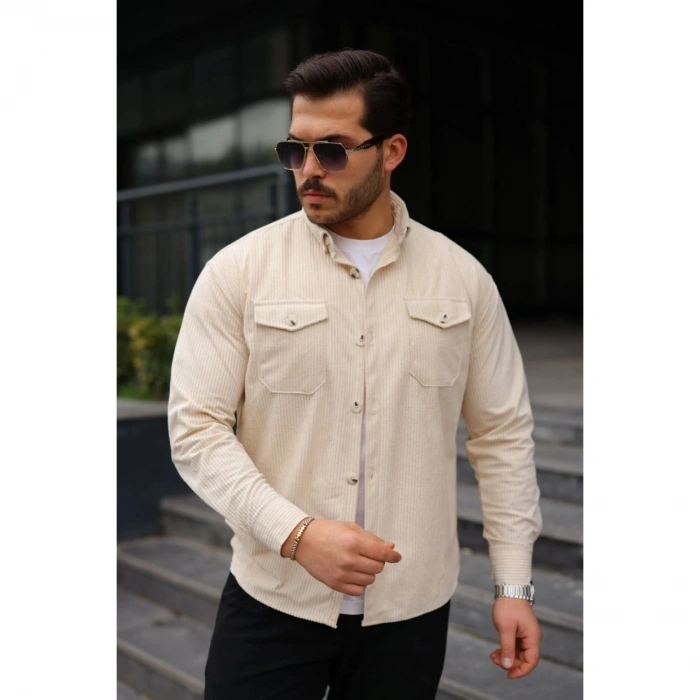 Erkek Uzun Kollu Cepli Kadife Gömlek
