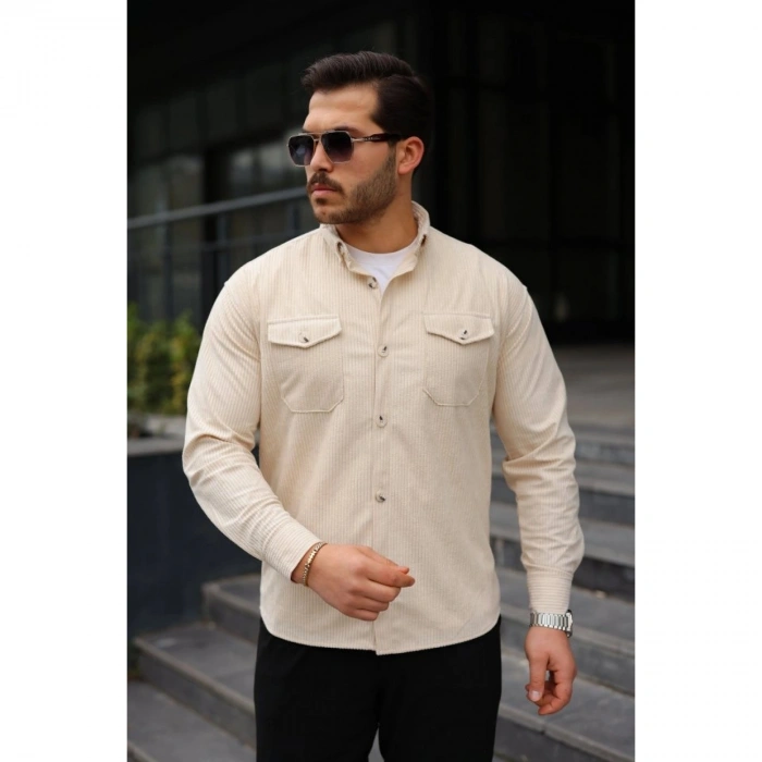 Erkek Uzun Kollu Cepli Kadife Gömlek