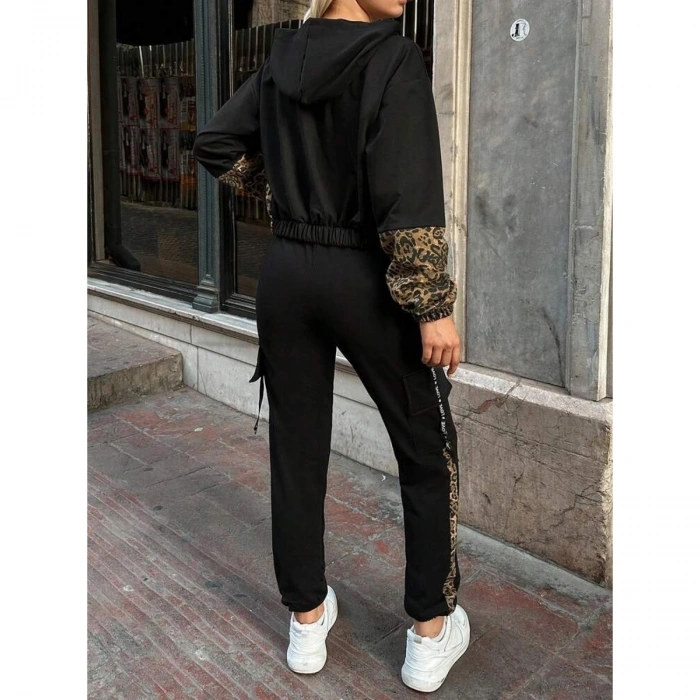 Kadın Uzun Kollu Kapşonlu Leopar Desenli Viskon Iki Iplik Bluz Ve Pantolon Ikili Takım