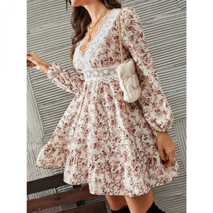 Kadın Uzun Kollu Dantel V Yakalı Mini Desenli Süprem Elbise