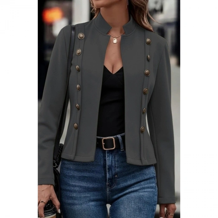 Kadın Uzun Kollu Hakim Yaka Yanlardan Düğmeli Kısa Süet Ceket