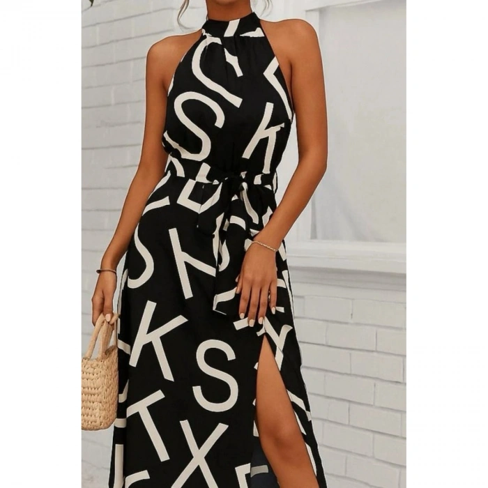 Kadın Omuzlardan Açık Halter Yakalı Yırtmaçlı çiçek Desenli Süprem Elbise