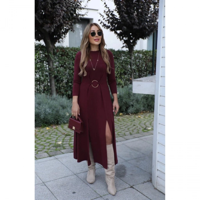 Kadın Uzun Kollu Bisiklet Yaka önden Halka Detaylı Yırtmaçlı Uzun Viskon Iki Iplik Elbise