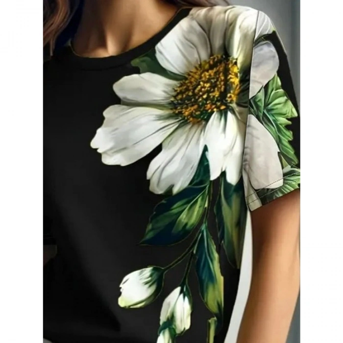 Kadın Kısa Kollu Bisiklet Yaka çiçek Baskılı Süprem Bluz