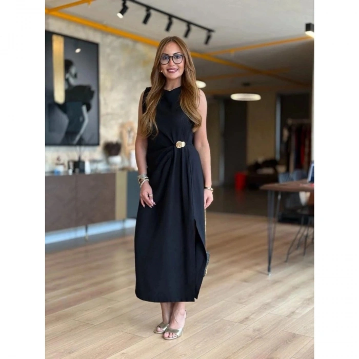 Kadın Sıfır Kollu Bisiklet Yaka Belden Büzgülü Yırtmaç Detaylı Janjan Krep Elbise