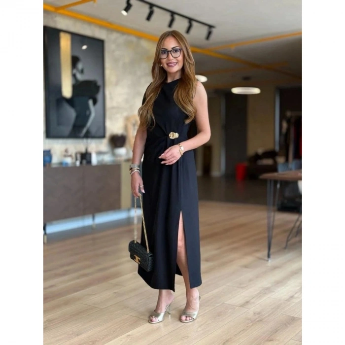 Kadın Sıfır Kollu Bisiklet Yaka Belden Büzgülü Yırtmaç Detaylı Janjan Krep Elbise