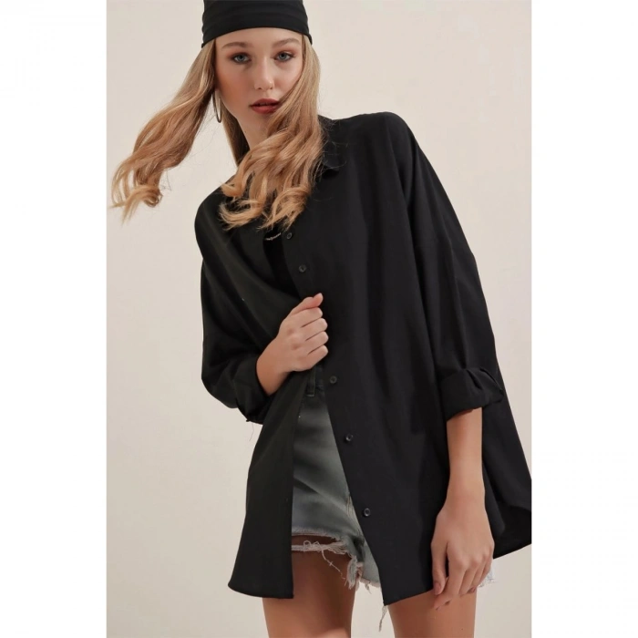 Siyah Oversize Uzun Basic Gömlek 3900