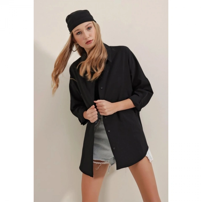 Siyah Oversize Uzun Basic Gömlek 3900