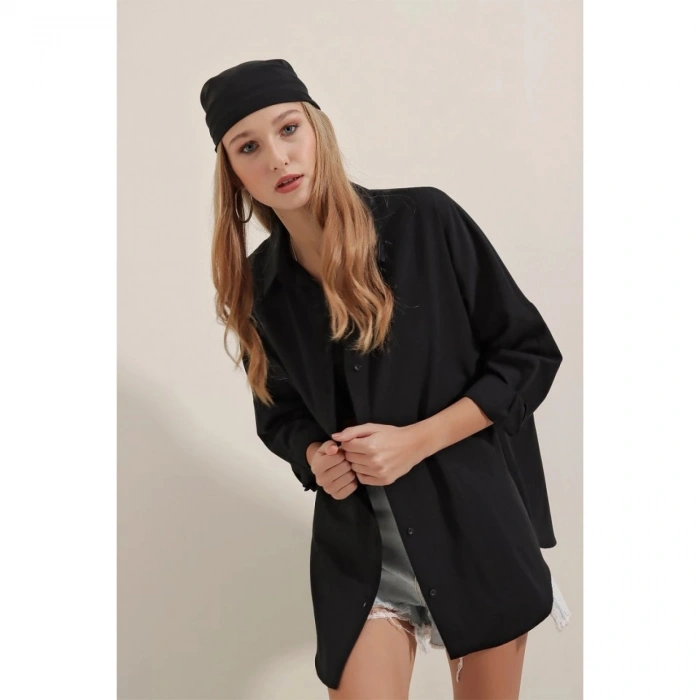 Siyah Oversize Uzun Basic Gömlek 3900