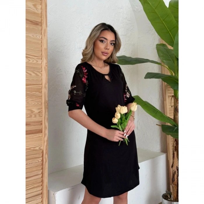 Kadın Truvakar Kol çiçek Desenli Tül Kol Bisiklet Yaka çiçek Desen Sandy Salaş Kısa Elbise