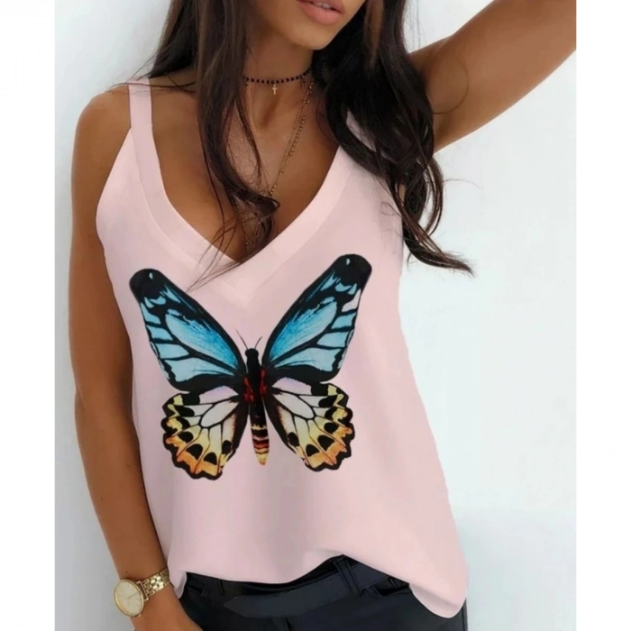 Kadın Kelebek Baskılı Sandy Kumaş Askılı Bluz