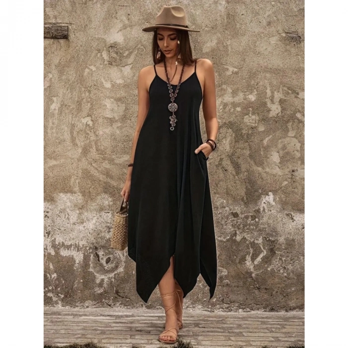 Kadın Askılı V Yakalı Cep Detaylı Asimetrik Kesim Detaylı Viskon Elbise