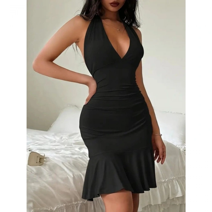 Kadın Sıfır Kol Derin V Yakalı Bağcıklı Sırt Dekolteli Etek Fırfır Detaylı Sandy Elbise