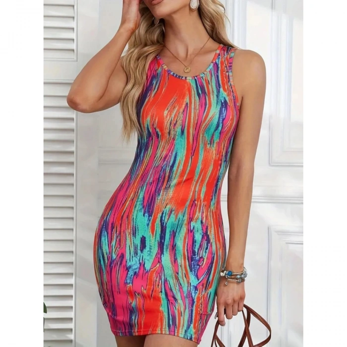 Kadın Kalın Askılı çok Renkli Dalgıç Mini Elbise