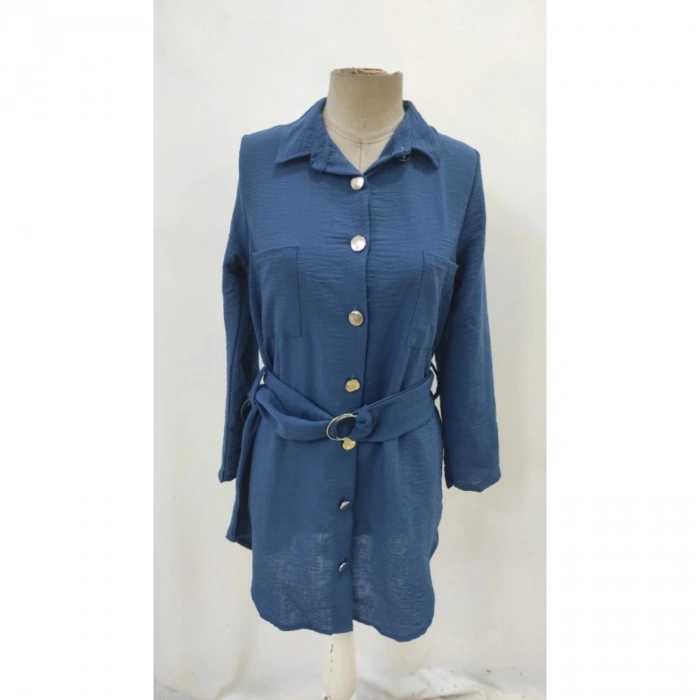 Kadın Uzun Kollu Yakalı önden Düğmeli Beli Kuşaklı Mini Ithal Keten Elbise