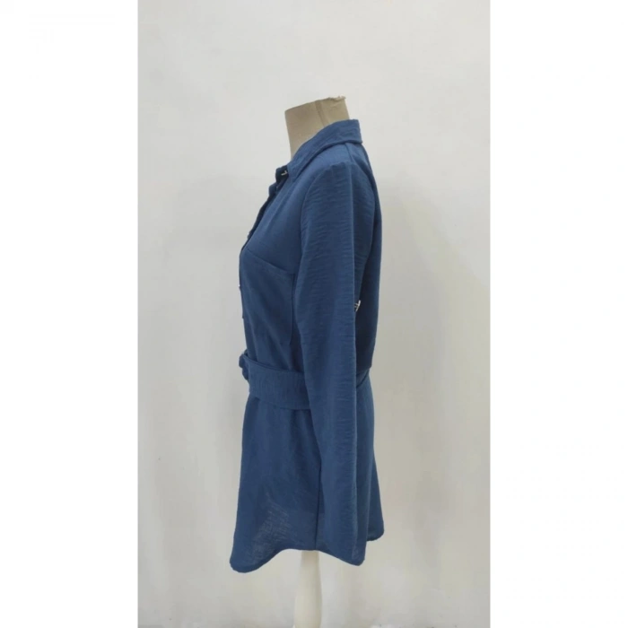 Kadın Uzun Kollu Yakalı önden Düğmeli Beli Kuşaklı Mini Ithal Keten Elbise