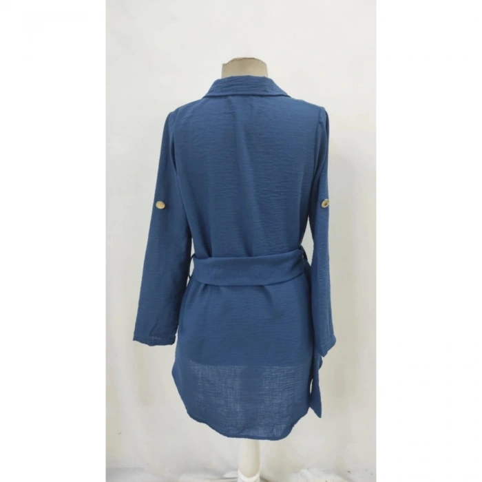 Kadın Uzun Kollu Yakalı önden Düğmeli Beli Kuşaklı Mini Ithal Keten Elbise