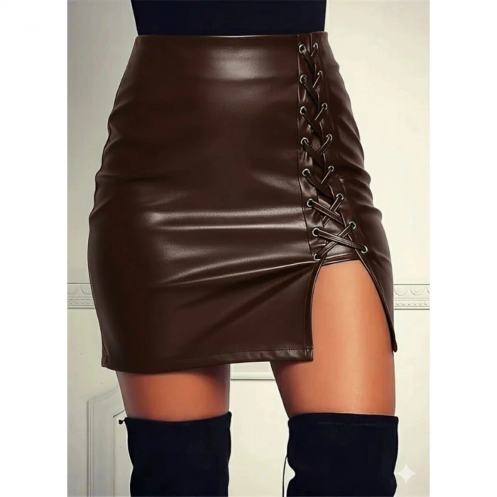 Kadın Yüksek Bel Yandan çapraz Bağcıklı Yırtmaçlı Mini Deri Etek