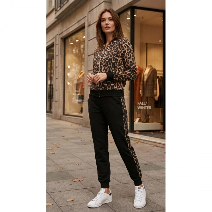 Kadın Uzun Kollu önden Fermuarlı Leopar Desen Detaylı Viskon Iki Iplik Kumaş Ikili Takım