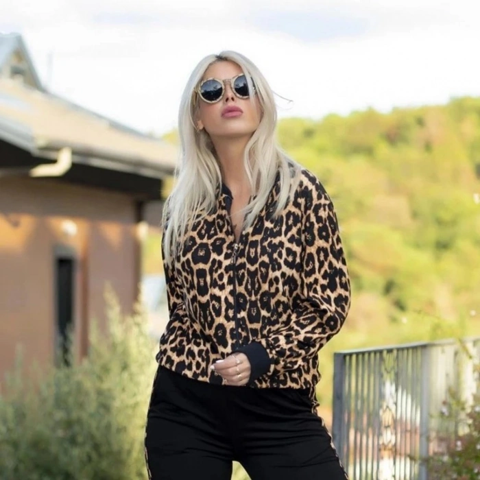 Kadın Uzun Kollu önden Fermuarlı Leopar Desen Detaylı Viskon Iki Iplik Kumaş Ikili Takım