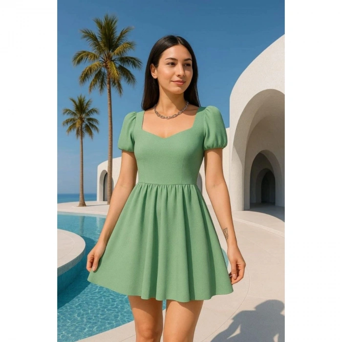 Kadın Dalgıç Kumaş Kalp Yaka Elbise